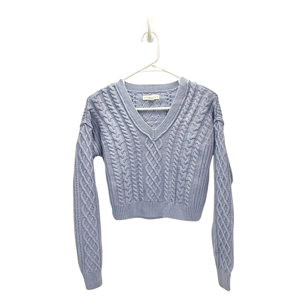 Aeropostale Cable Knit V-Neck Cropped Sweater Pullover Light Blue Womens XS